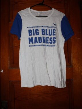 PINK Victoria's Secret White Tee with Blue Sleeves "Big Blue Madness"